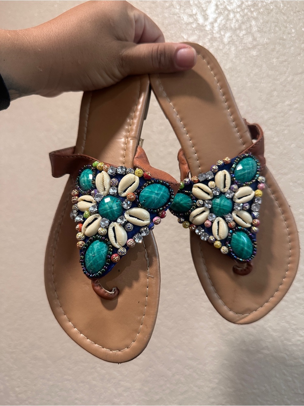 Embellished Turquoise Bead & Shell Women's Sandals costal vacation